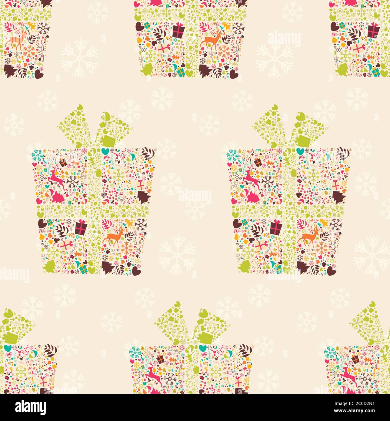 Motif sans couture avec boîte cadeau de Noël décorative avec rennes, flocons de neige et fleurs, illustration vectorielle Illustration de Vecteur