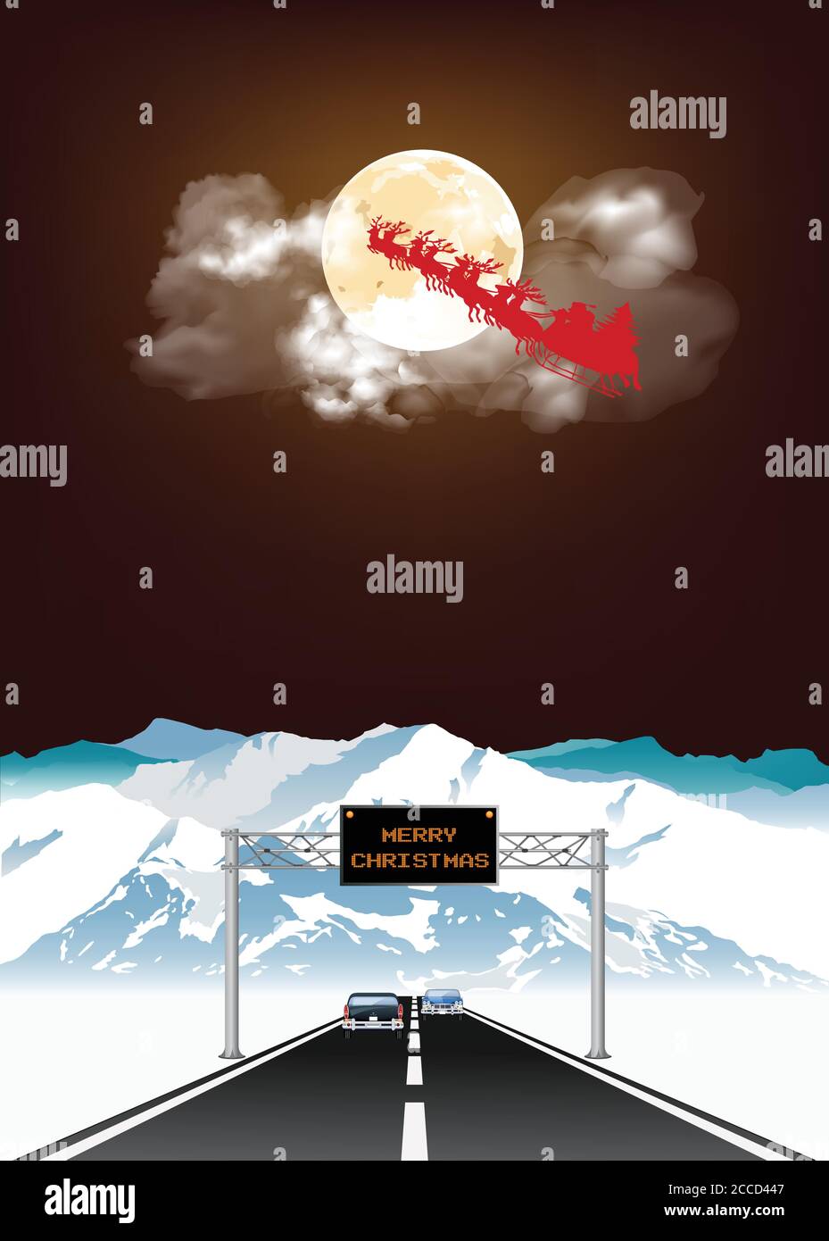 Santa Clause survolant l'autoroute de haute altitude avec Joyeux Noël message sur le statif au-dessus de la tête contre une nuit de pleine lune ciel Illustration de Vecteur