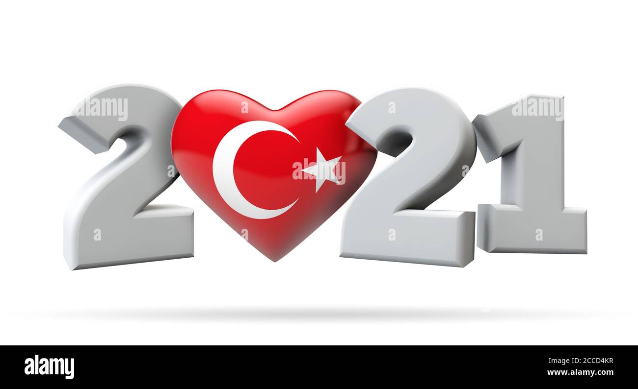 Nouvel an 2021 avec coeur drapeau de dinde. Rendu 3D Banque D'Images