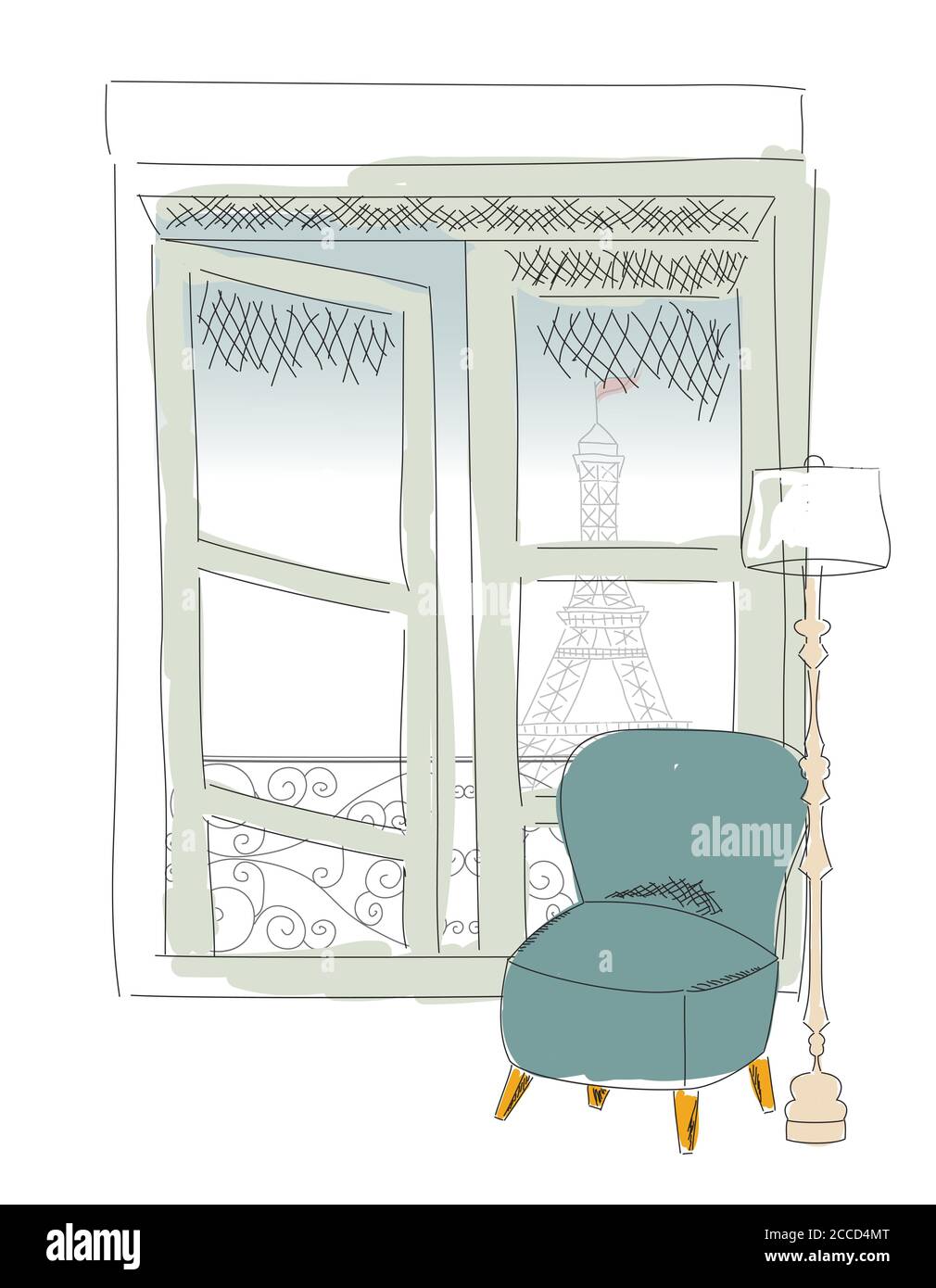 Vue de la fenêtre depuis la fenêtre de Paris, la tour Eiffel, dessinée à la main, illustration vectorielle Illustration de Vecteur