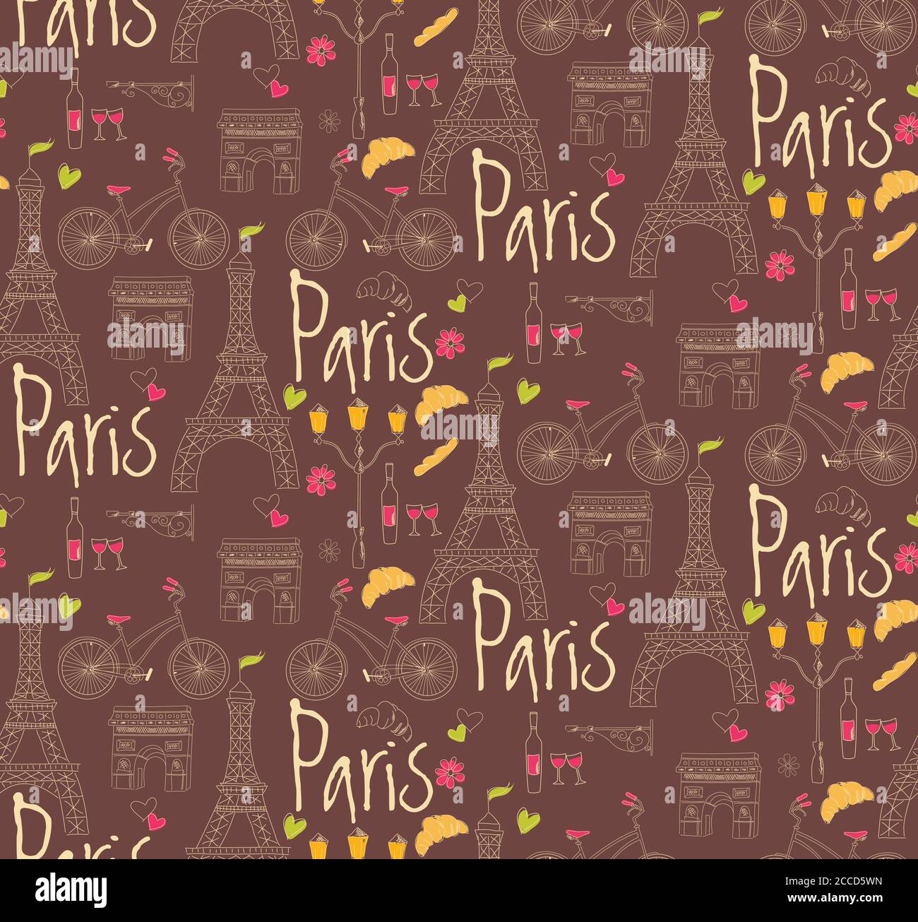 Symboles de Paris, carte postale, motif sans couture, dessinés à la main, illustration vectorielle Illustration de Vecteur