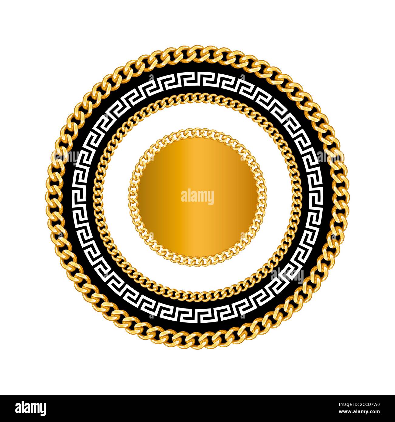 Motif luxueux et décoratif de style grec doré avec chaînes isolées sur fond blanc. Banque D'Images