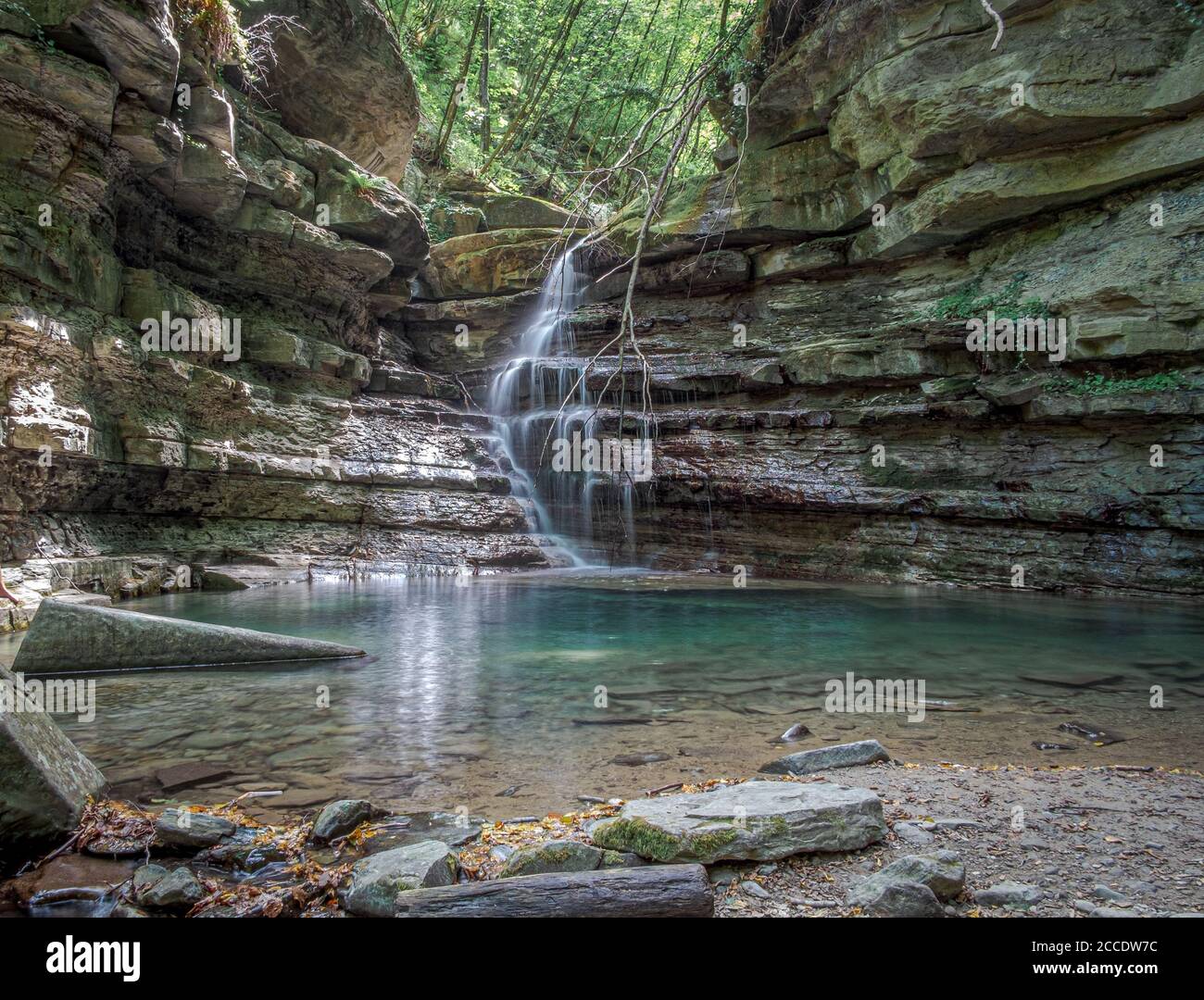Petite cascade sur un ruisseau étroit dans les Apennines du Nord. Palazzuolo sul Senio, province de Florence, Toscane, Italie Banque D'Images