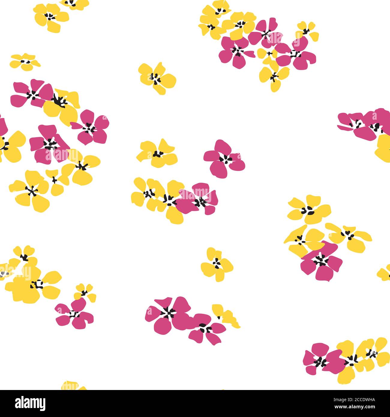 Abstrait de mini fleurs dessiné à la main sans couture. Couleurs jaune et rose répétition du motif vectoriel sur fond blanc prêt pour les tirages textiles. Banque D'Images