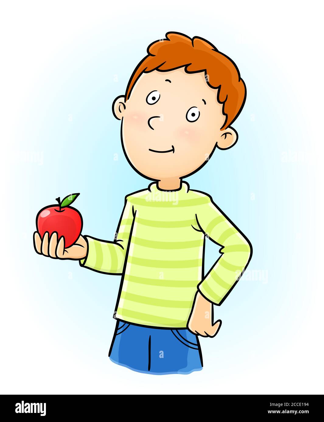 Jeune garçon tenant et mangeant une pomme rouge. Alimentation, mode de vie sain, nourriture végétarienne et végétarienne, nourriture crue Diet plat dessin animé illustration vectorielle. Illustration de Vecteur