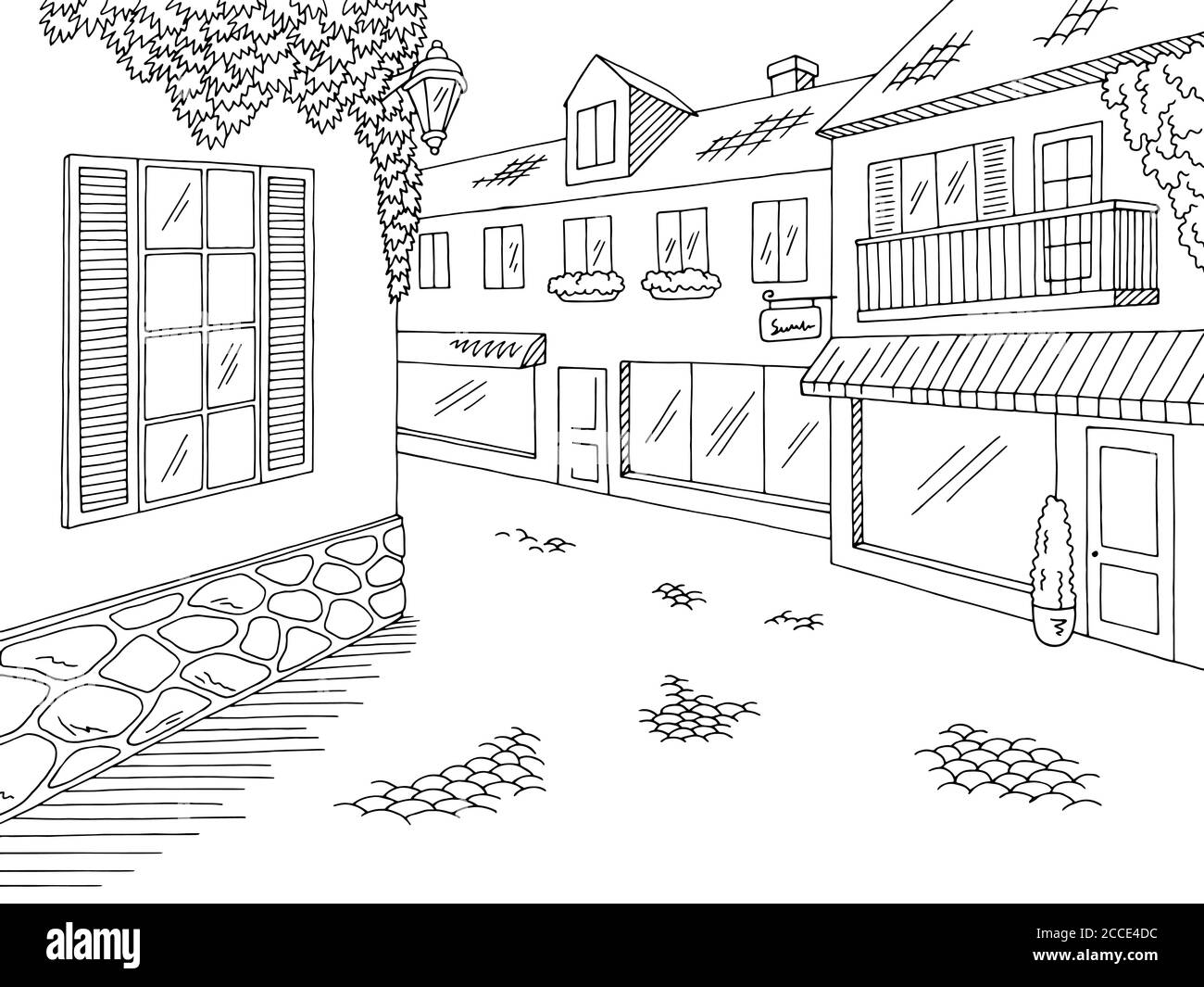 Vieille route graphique ville noir blanc paysage dessin illustration vecteur Illustration de Vecteur