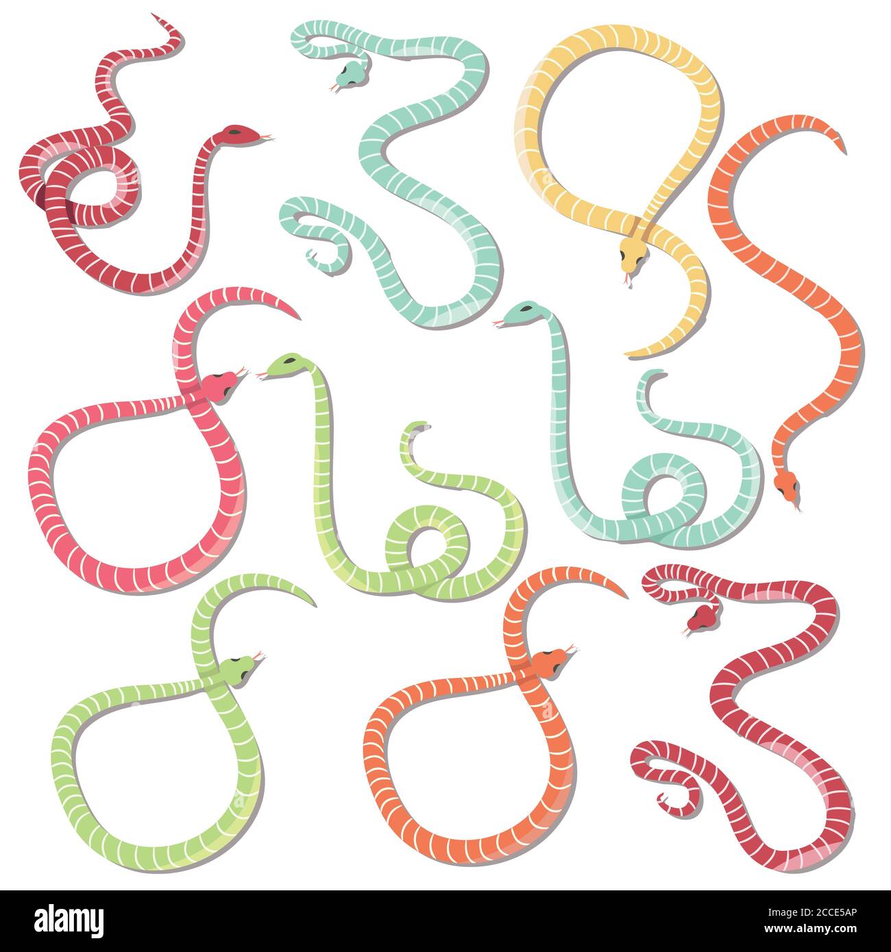Collection de dix serpents rayés colorés dessinés à la main, illustration vectorielle Illustration de Vecteur