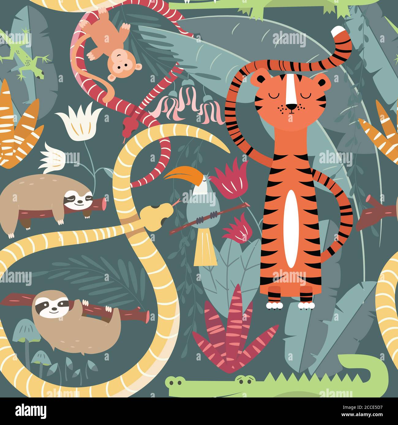 Motif sans couture avec adorable animaux de la forêt tropicale, tigre, serpent, sloth, illustration vectorielle Illustration de Vecteur