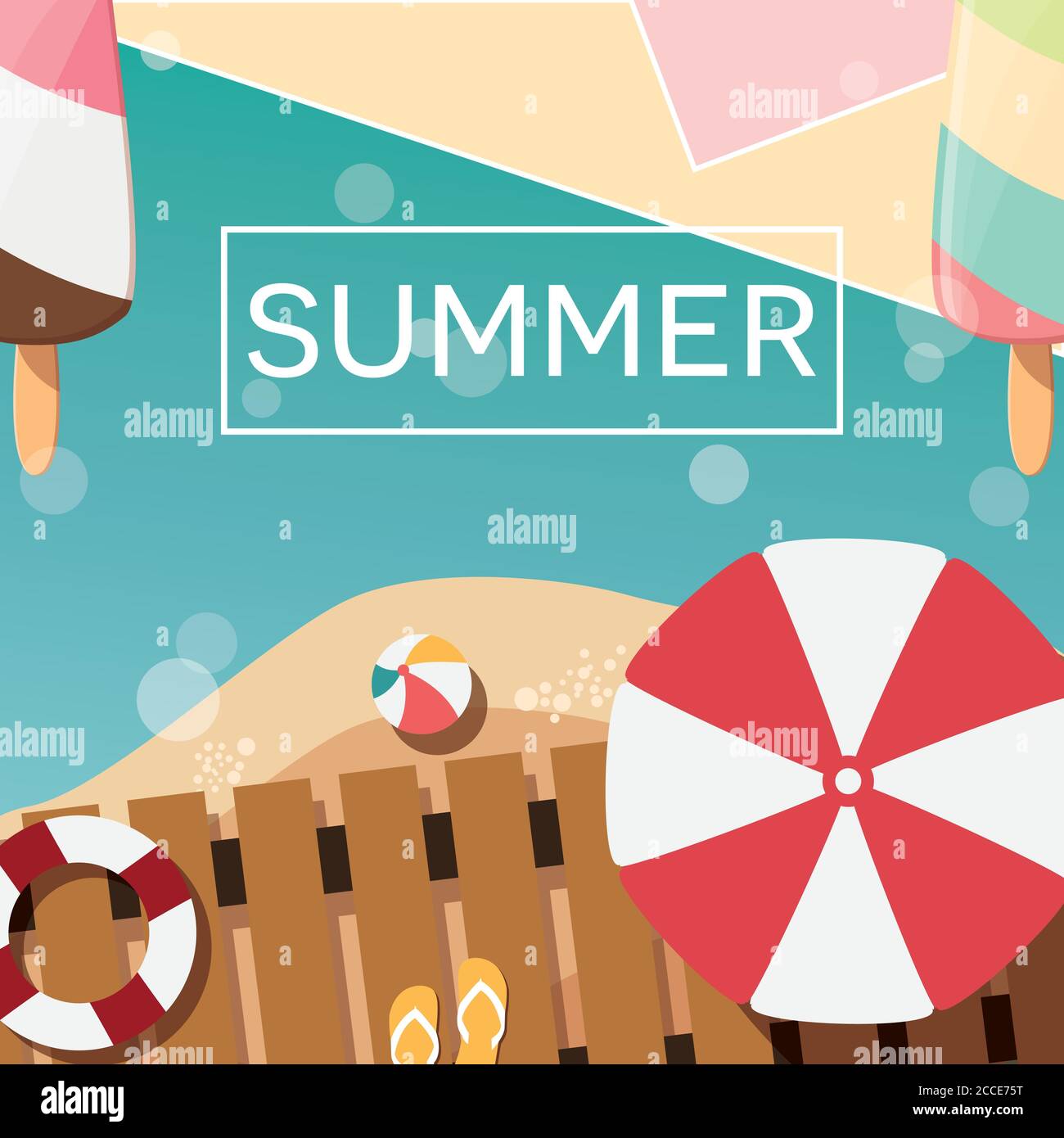 Affiche d'été typographique moderne avec crème glacée, plage et éléments géométriques, illustration vectorielle Illustration de Vecteur