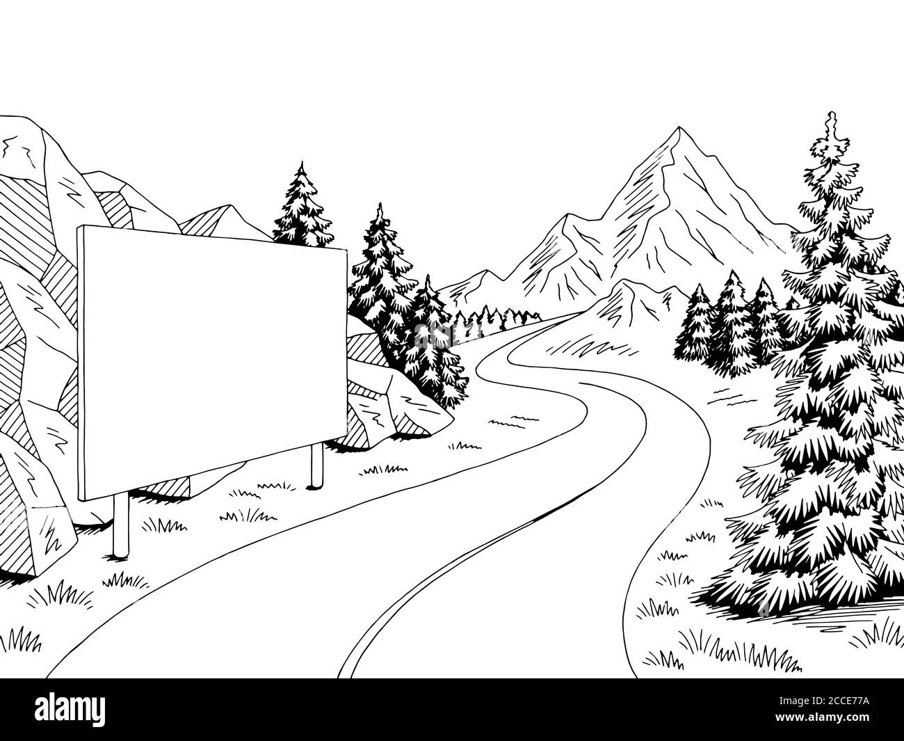 Panneau d'affichage de la route de montagne noir blanc paysage dessin illustration vecteur Illustration de Vecteur