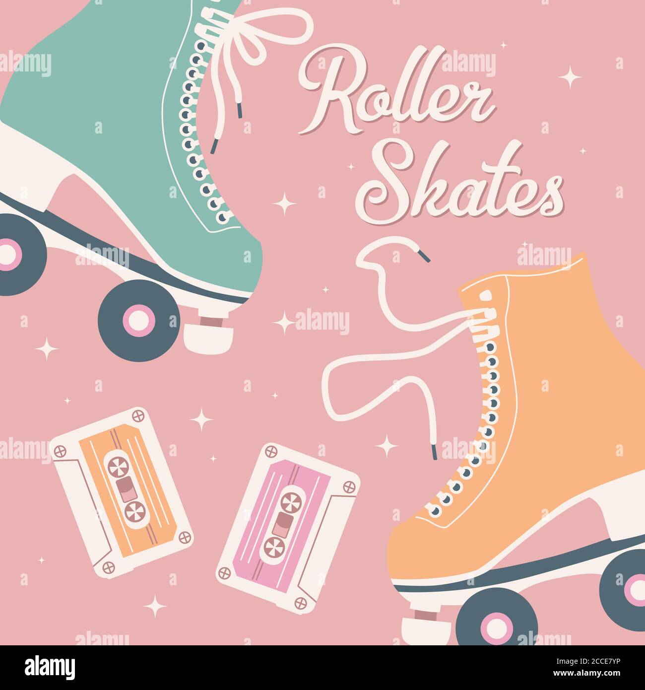 Illustration dessinée à la main avec patins à roulettes rétro et cassettes. Illustration vectorielle colorée Illustration de Vecteur