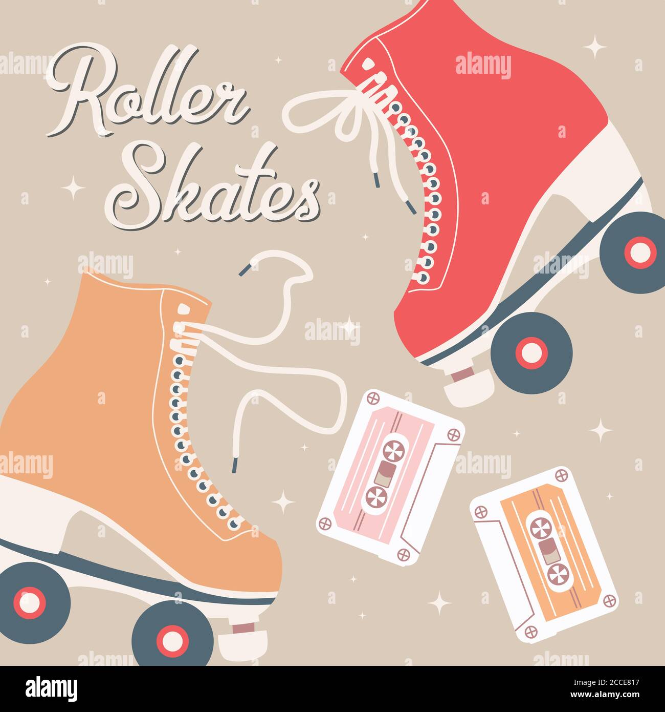 Illustration dessinée à la main avec patins à roulettes rétro et cassettes. Illustration vectorielle colorée Illustration de Vecteur
