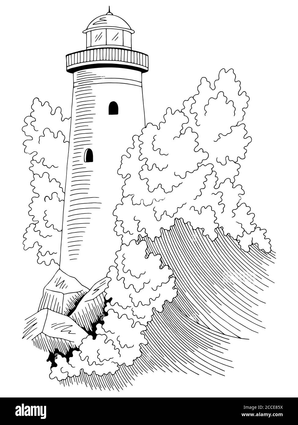 Illustration graphique représentant un paysage marin noir blanc représentant une vague de tempête de phare vecteur Illustration de Vecteur