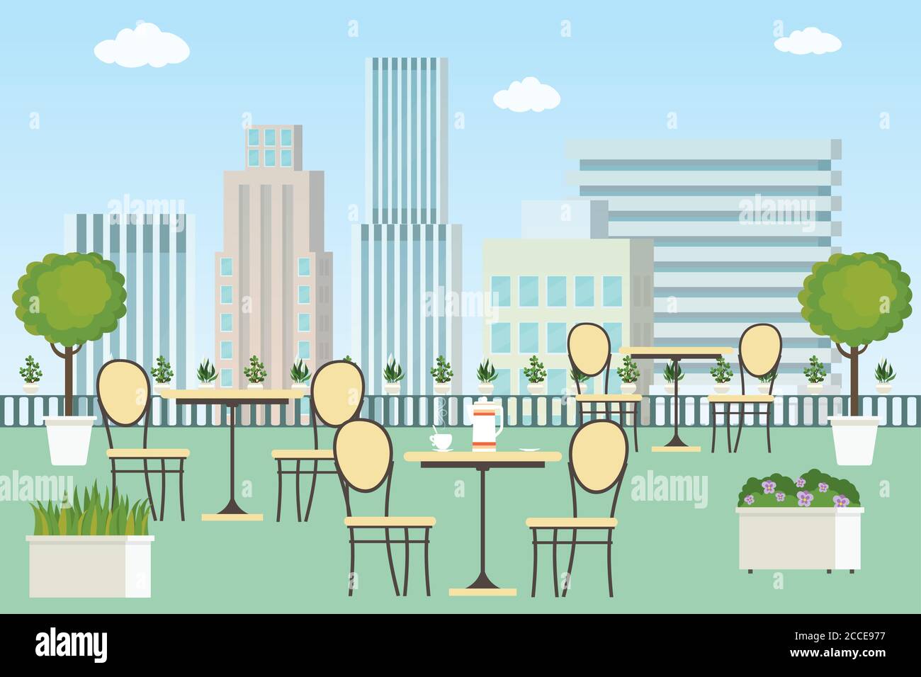 Terrasse sur le toit, café extérieur d'été ou restaurant avec tables et chaises, plat illustration vectorielle Illustration de Vecteur