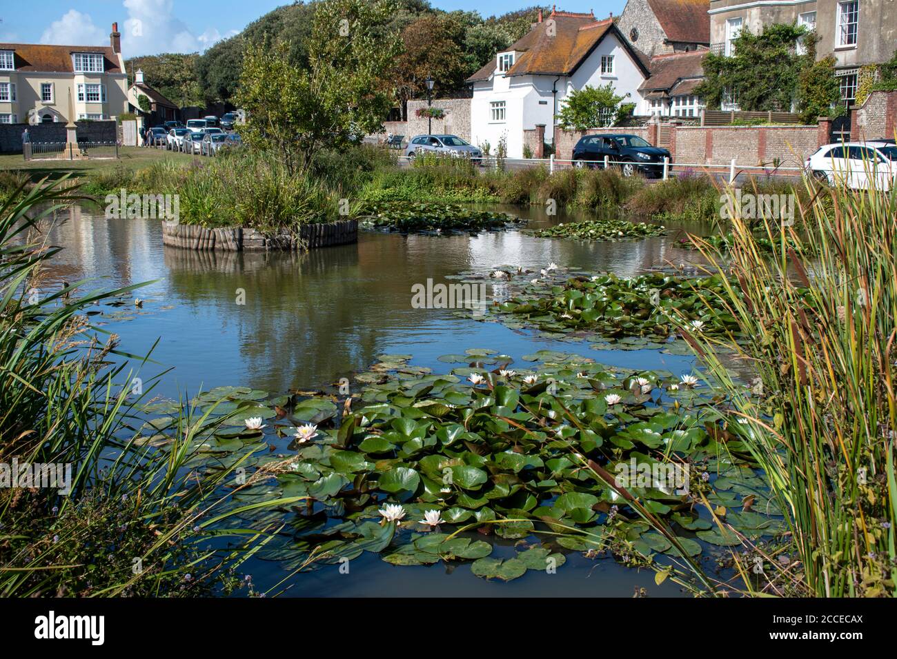 Un étang de village otingdean dans un cadre pittoresque avec des cottages anglais traditionnels en arrière-plan. Banque D'Images