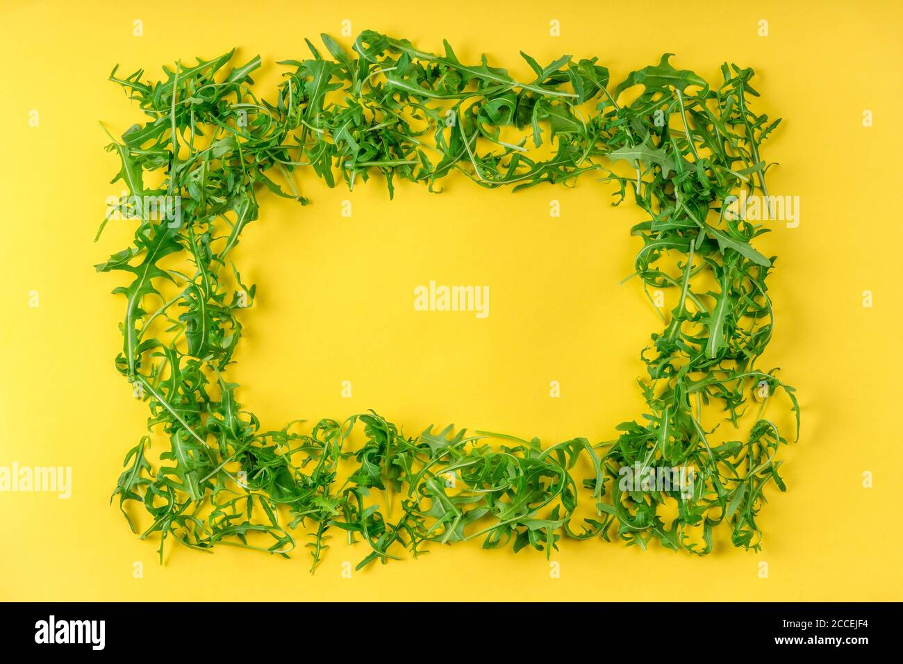 Cadre en feuilles d'arugula fraîches sur une surface jaune. Ingrédients pour la salade de légumes. Alimentation saine, concept d'alimentation créative. Flat lay, vue de dessus. Banque D'Images