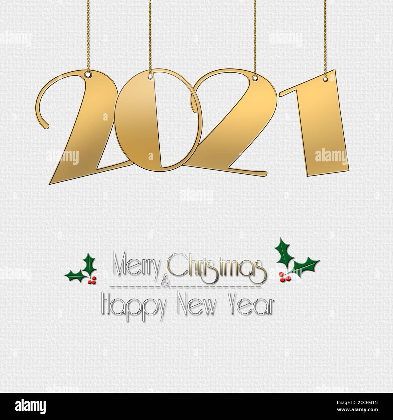 Design minimaliste Happy New 2021 Year et Christmas avec 2021 chiffres dorés suspendus sur fond blanc. Texte Joyeux Noël bonne année avec des feuilles de houx. Illustration 3D Banque D'Images
