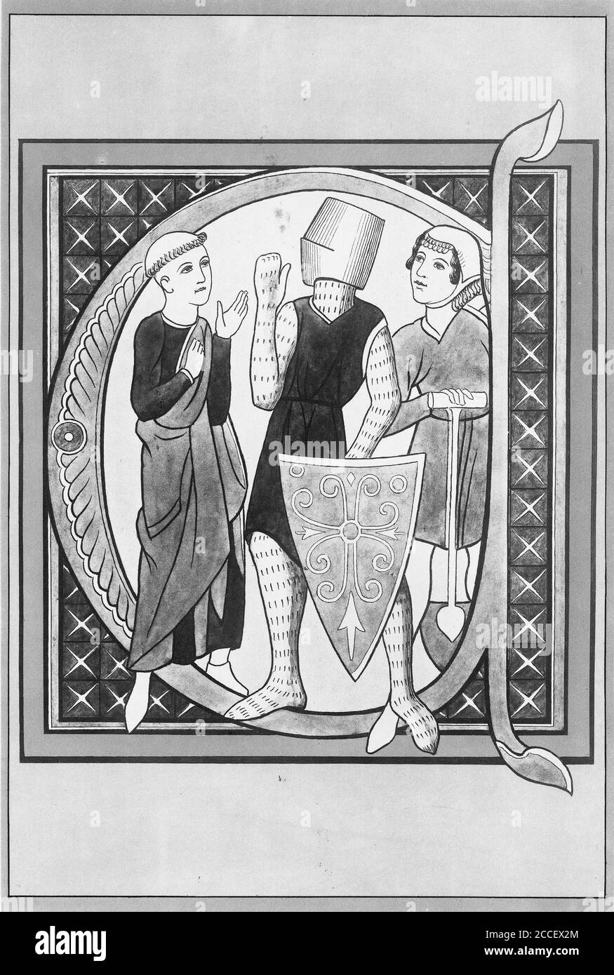 Demi-teinte d'un détail d'un manuscrit médiéval, montrant un scribe, un soldat et un paysan dans une lettre 'a'. D'une série d'affiches scolaires pour l'histoire et les études sociales c 1930 Banque D'Images