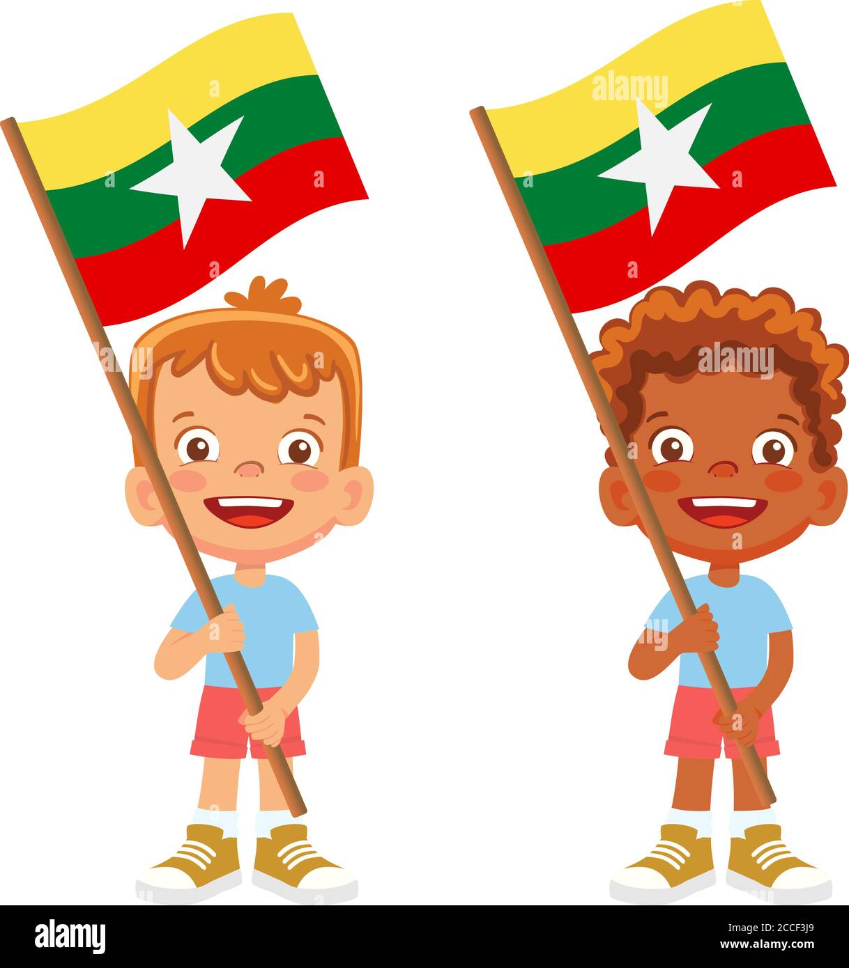 Drapeau du Myanmar en main. Drapeau de retenue des enfants. Drapeau national du Myanmar vecteur Illustration de Vecteur