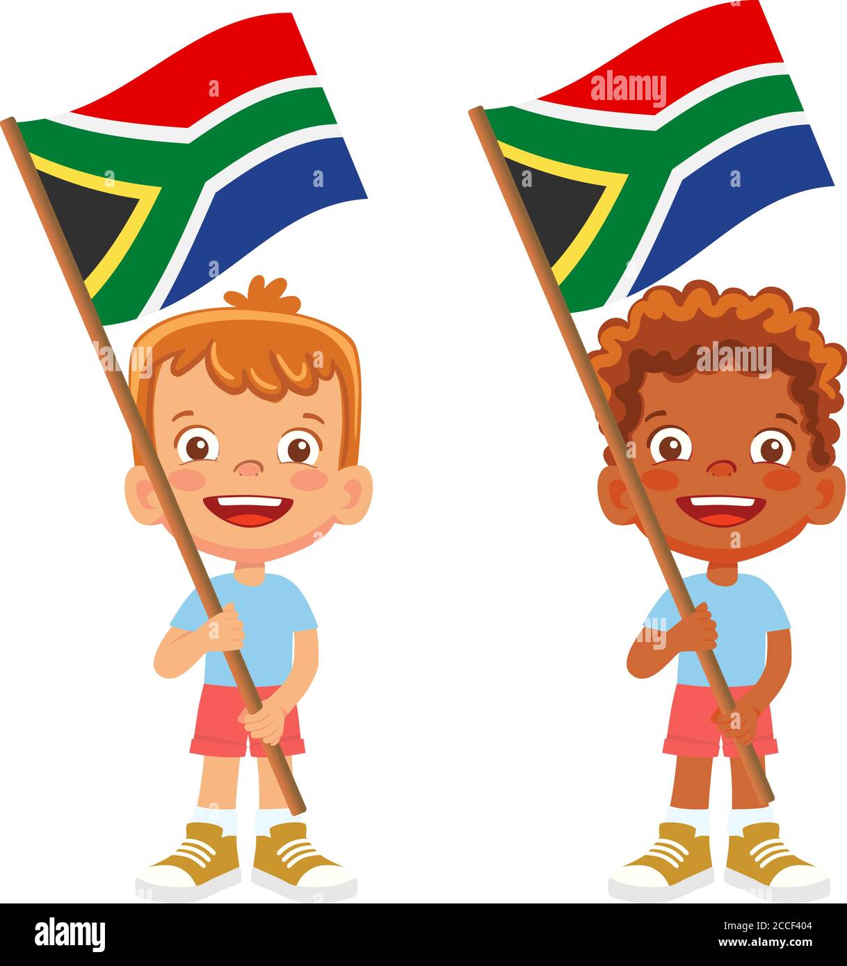 Drapeau sud-africain en main. Drapeau de retenue des enfants. Drapeau national de l'Afrique du Sud vecteur Illustration de Vecteur