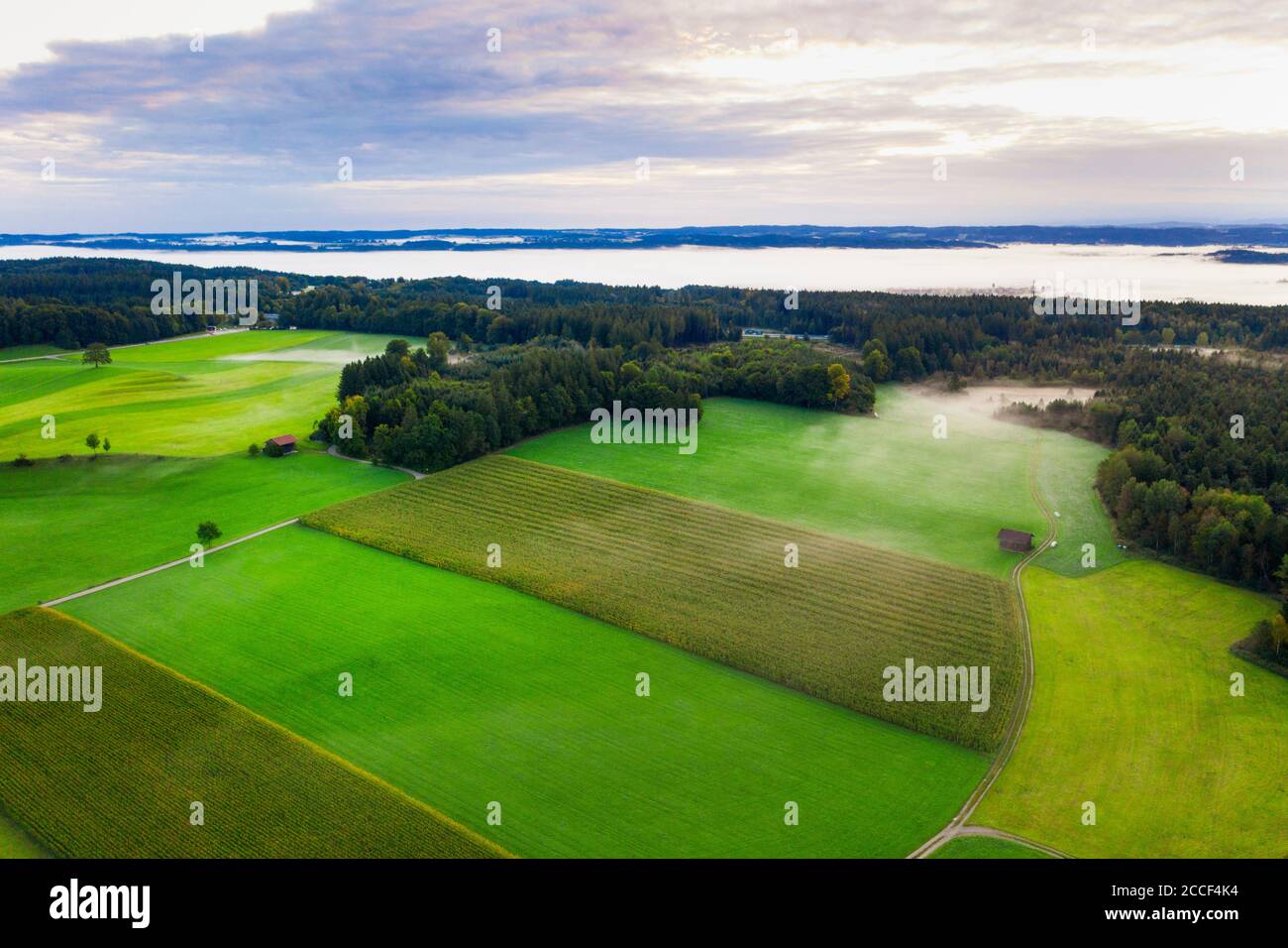 Paysage culturel près de Münsing, enregistrement de drones, haute-Bavière, Bavière, Allemagne Banque D'Images