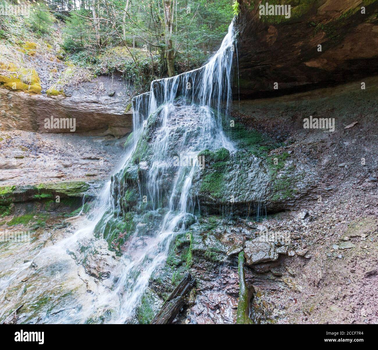 Allemagne, Bade-Wurtemberg, Murrhardt, réserve naturelle Hörschbachschlucht, la cascade de Hörschbach à l'arrière supérieur tombe à 3m sur une banque de sable de galets dans le Banque D'Images