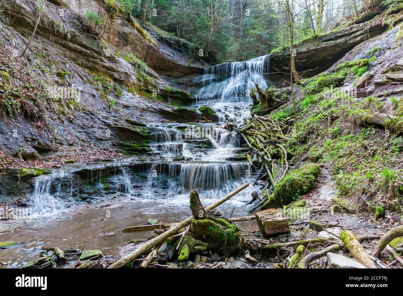 Allemagne, Bade-Wurtemberg, Murrhardt, réserve naturelle Hörschbachschlucht, la chute d'eau arrière supérieure de Hörschbach tombe 3m d'abord au-dessus d'un grès de galets Banque D'Images