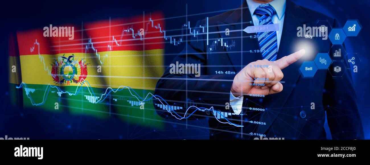 Homme d'affaires touchant le système de processus d'analyse des données avec des graphiques financiers KPI, un tableau de bord du stock et le marketing sur l'interface virtuelle. Avec drapeau bolivien Banque D'Images