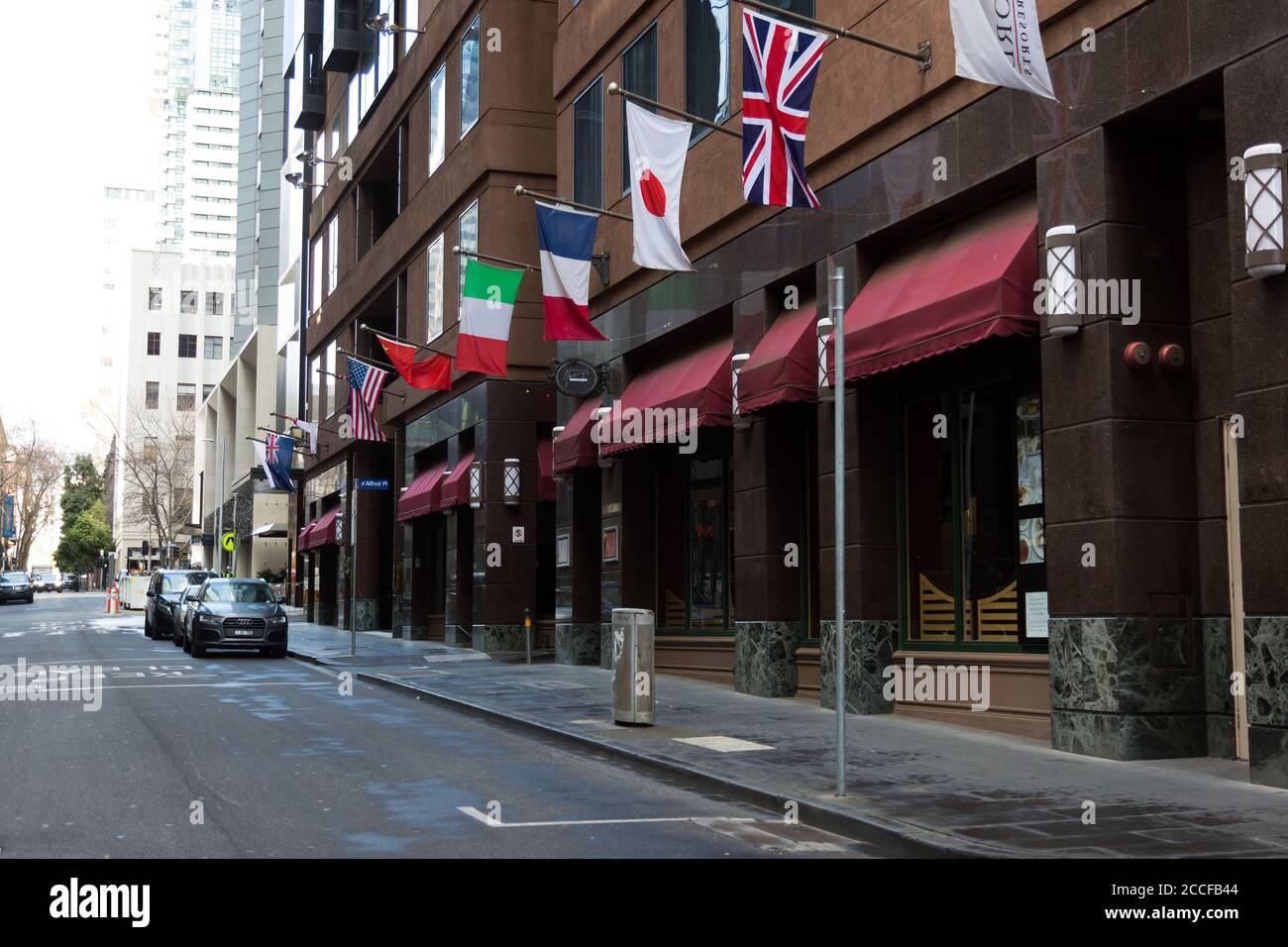 Vue sur l'extérieur de l'hôtel Stamford Plaza, d'où provient la deuxième vague de Melbourne lors de la COVID-19 à Melbourne, en Australie. Quartier de l'hôtel Banque D'Images