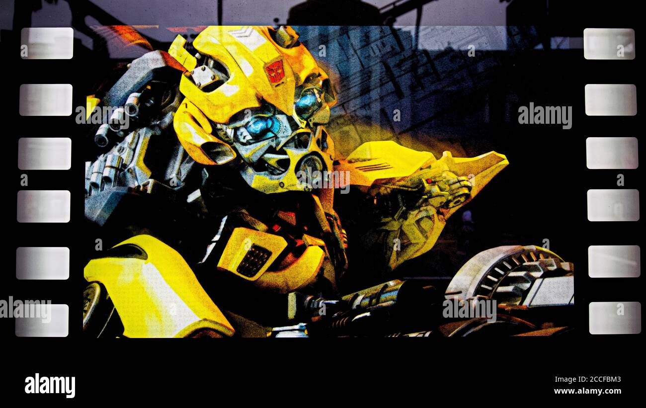 Photo du panneau d'information 'Transformers the Ride', situé à Universal Studios Hollywood, Los Angeles, CA/USA. Banque D'Images