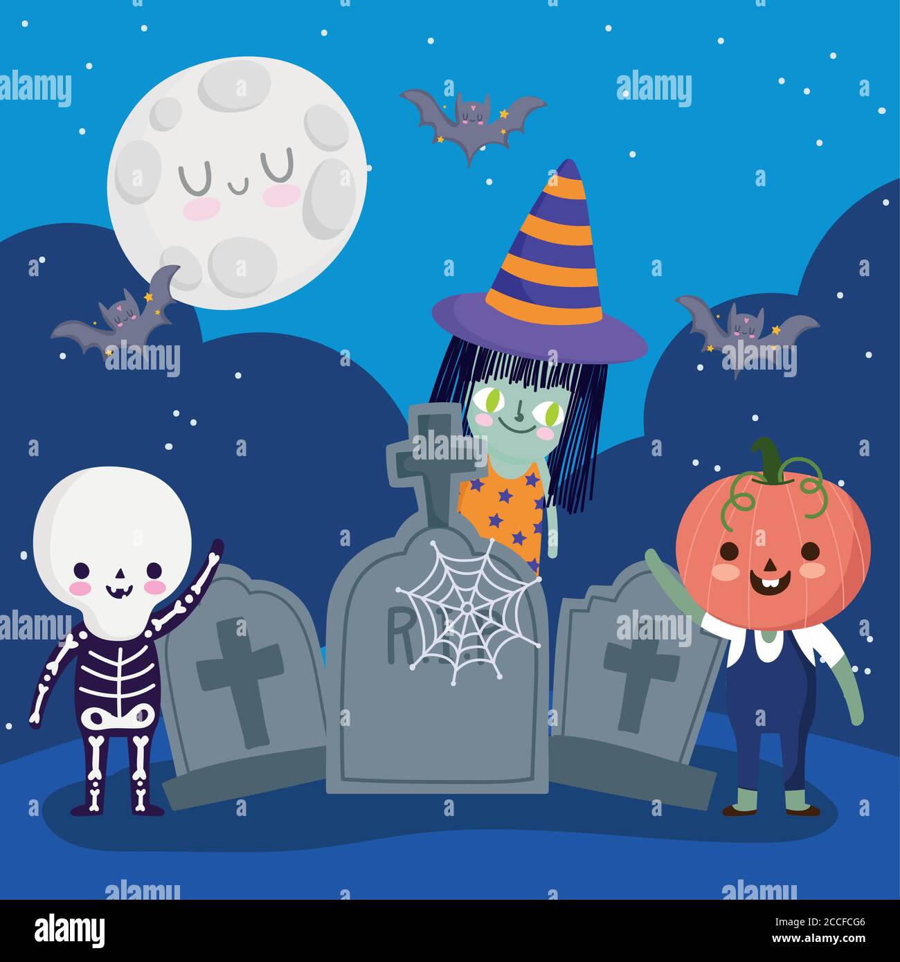 joyeux halloween, sorcière squelette de citrouille cimetière pierres tombales chauves-souris nuit astuce ou traiter célébration de la fête illustration de vecteur Illustration de Vecteur