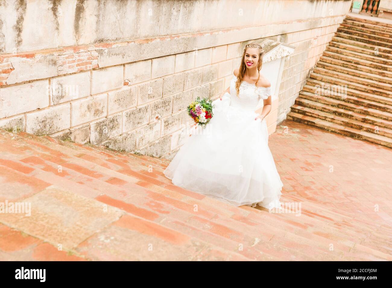 Mariée, mariage, jardin, jeune femme, robe de mariage, escaliers, sourire, pressé Banque D'Images