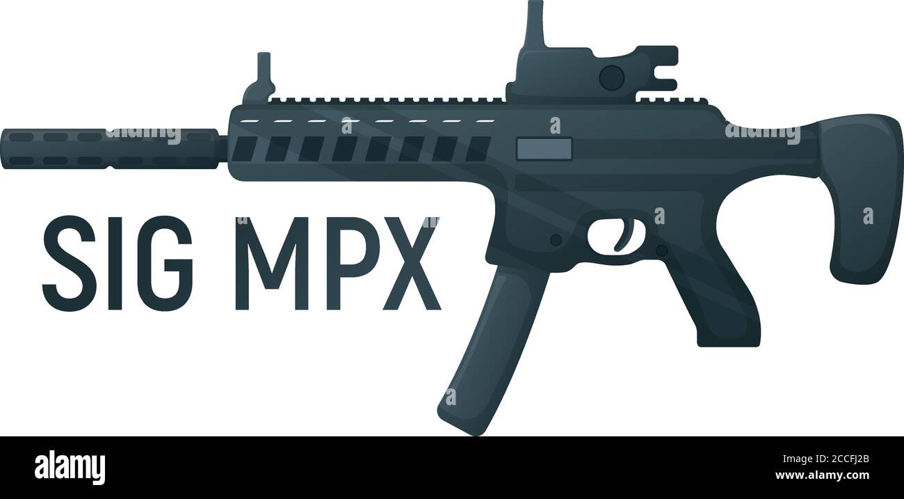 Arme militaire de sous-machine avec silencieux, icône auto-défense automatique concept dessin animé illustration vecteur, isolé sur blanc. Fusil de tir, prot Illustration de Vecteur