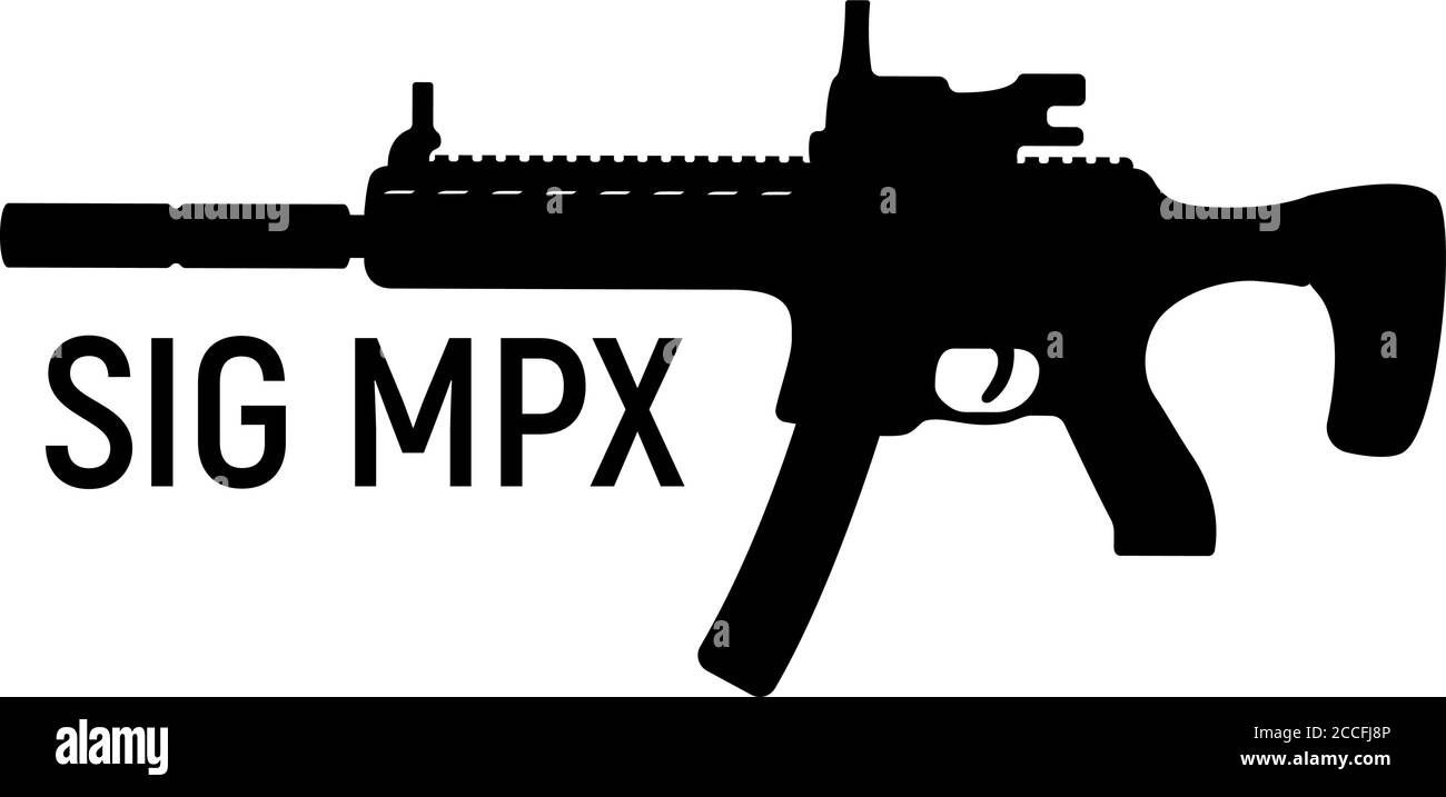 Sous-machine silhouette militaire canon avec silencieux, icône auto-défense automatique concept d'arme simple illustration noire vecteur, isolé sur blanc. Shoo Illustration de Vecteur
