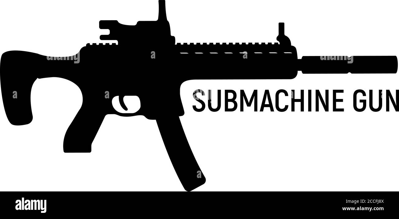 Sous-machine silhouette militaire canon avec silencieux, icône auto-défense automatique concept d'arme simple illustration noire vecteur, isolé sur blanc. Shoo Illustration de Vecteur