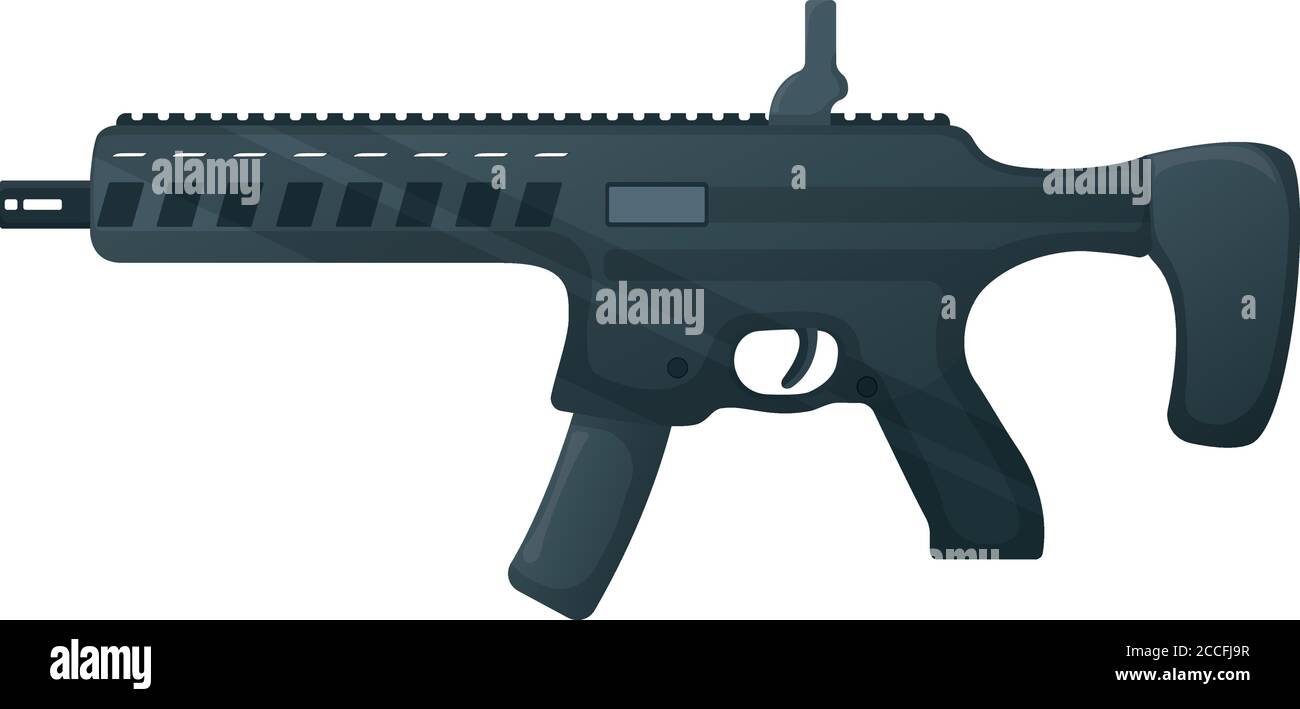 Arme militaire de sous-machine, icône auto-défense automatique concept d'arme dessin animé illustration vectorielle, isolé sur blanc. Fusil de tir, type de protection de Illustration de Vecteur