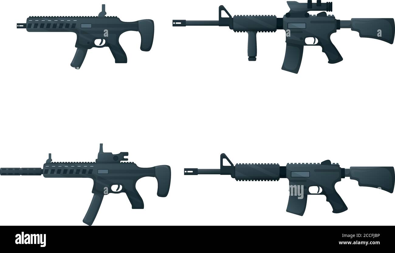 Jeu de sous-machine militaire arme et fusil, icône auto-défense automatique arme concept dessin animé illustration vecteur, isolé sur blanc. Instrument de prise de vue Illustration de Vecteur