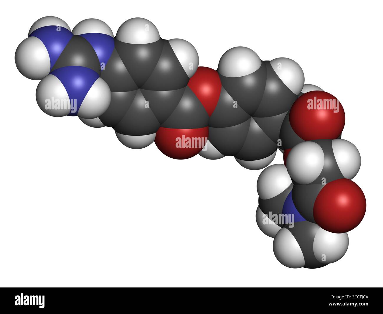 Molécule de médicament Camostat. Inhibiteur de protéase de sérine, étudié pour le traitement de Covid-19. Rendu 3D. Les atomes sont représentés comme des sphères avec couvent Banque D'Images