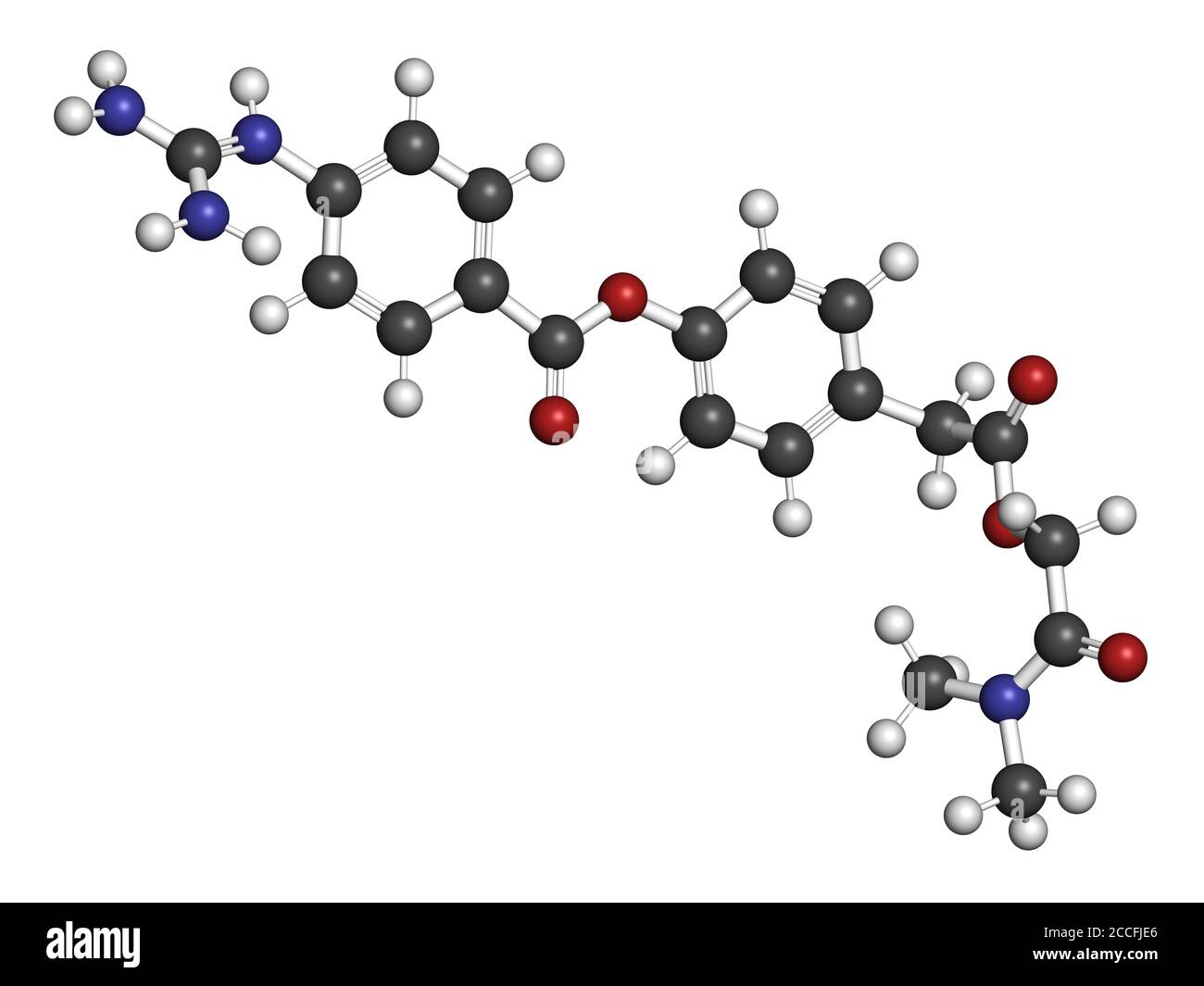 Molécule de médicament Camostat. Inhibiteur de protéase de sérine, étudié pour le traitement de Covid-19. Rendu 3D. Les atomes sont représentés comme des sphères avec couvent Banque D'Images