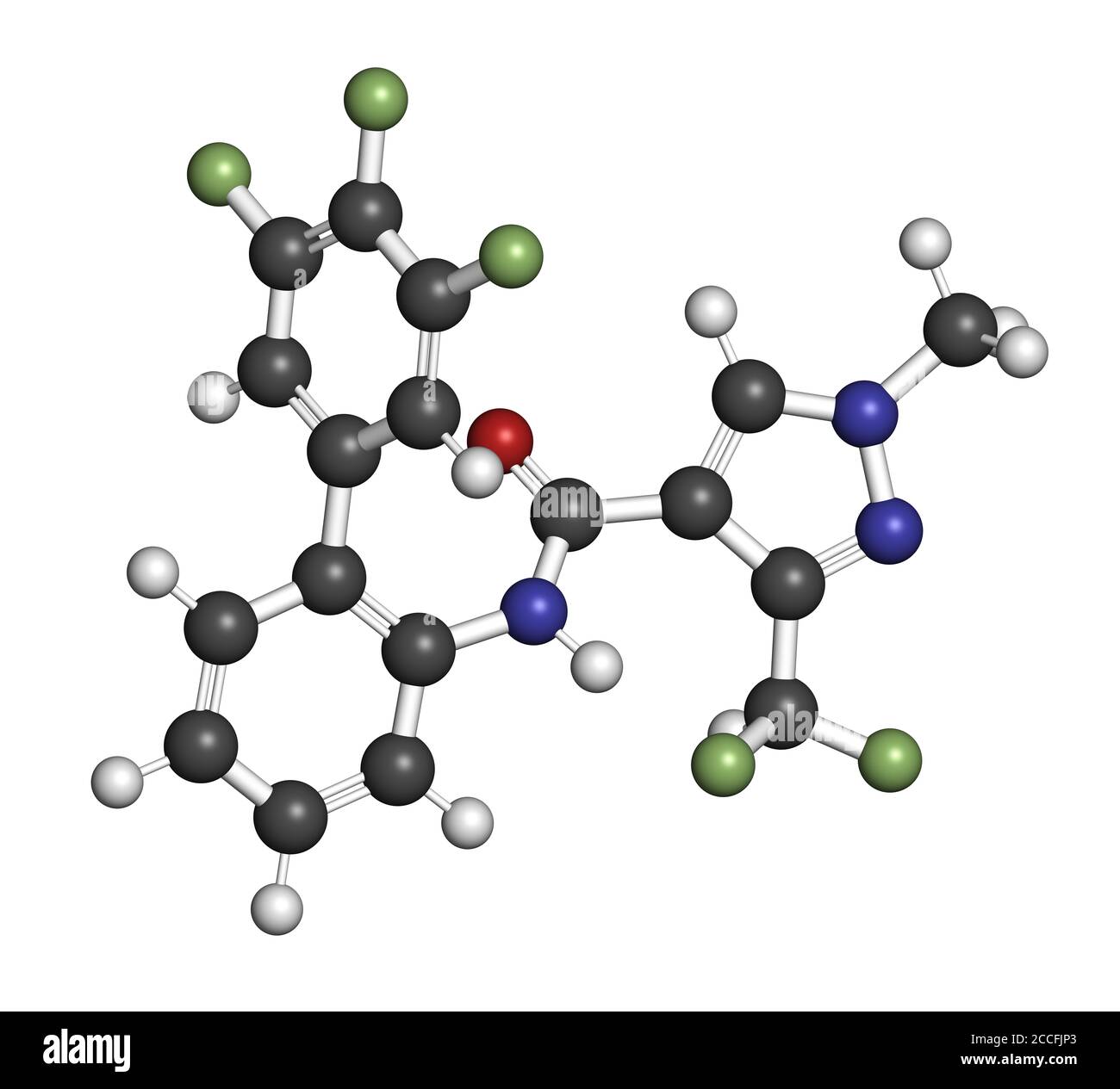 Molécule de fongicide Fluxapyroxad. Rendu 3D. Les atomes sont représentés sous forme de sphères avec un codage couleur conventionnel : hydrogène (blanc), carbone (gris), nitro Banque D'Images