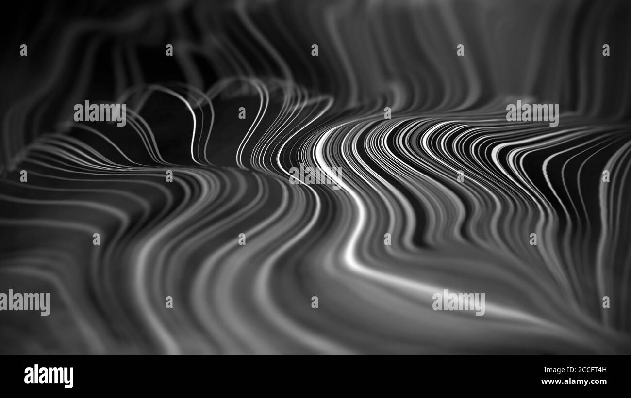 Les lignes noir et blanc s'écoulent. Arrière-plan technologique sombre. Motif d'énergie avec structure moderne d'onde spatiale. Toile de fond claire pour la présentation d'ai Banque D'Images