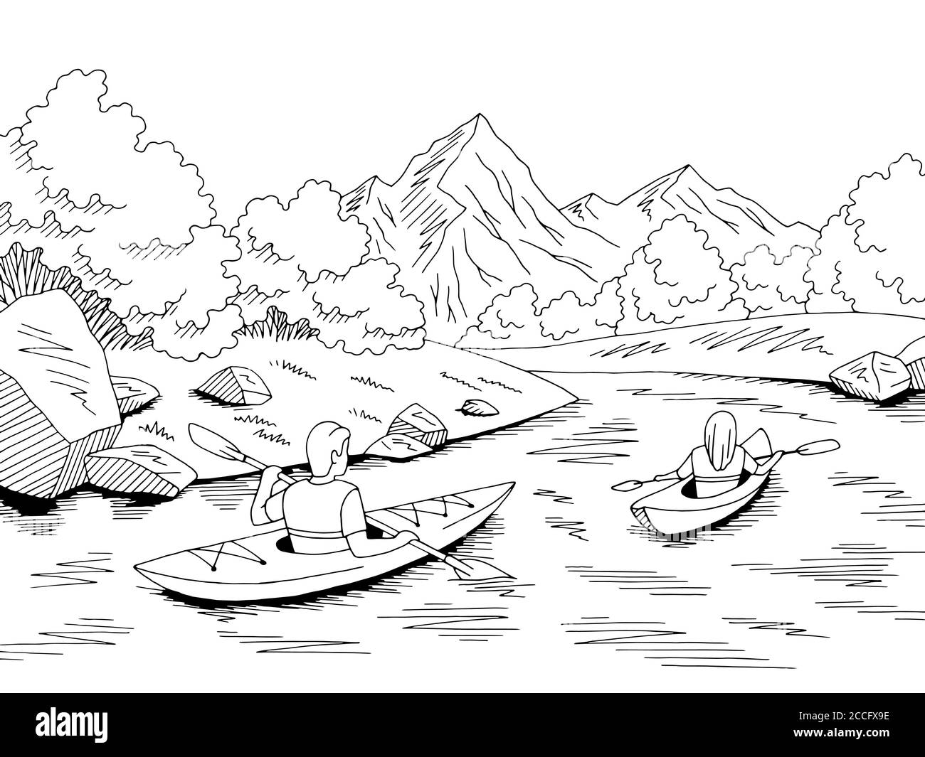 Kayak bateau voyage graphique noir blanc rivière paysage dessin illustration vecteur Illustration de Vecteur