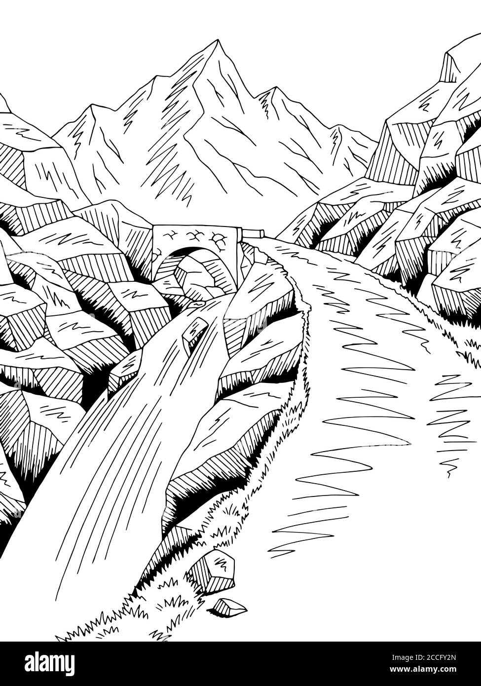 Mountain Road Bridge graphique noir blanc rivière cascade paysage croquis vecteur d'illustration Illustration de Vecteur