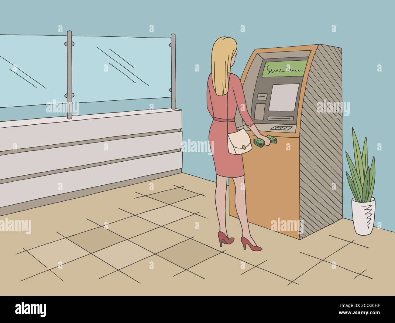 Femme qui retire de l'argent d'un guichet automatique dans un graphique intérieur de banque vecteur d'illustration de l'esquisse en couleur Illustration de Vecteur Femme qui retire de l'argent d'un guichet automatique dans un graphique intérieur de banque vecteur d'illustration de l'esquisse en couleur Illustration de Vecteur