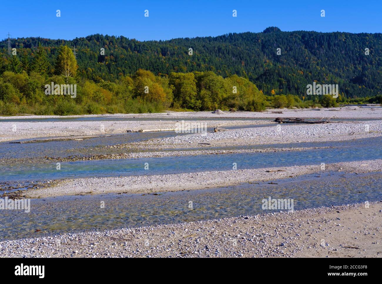 Gravel Banks, Isar près de Wallgau, Werdenfelser Land, haute-Bavière, Bavière, Allemagne Banque D'Images