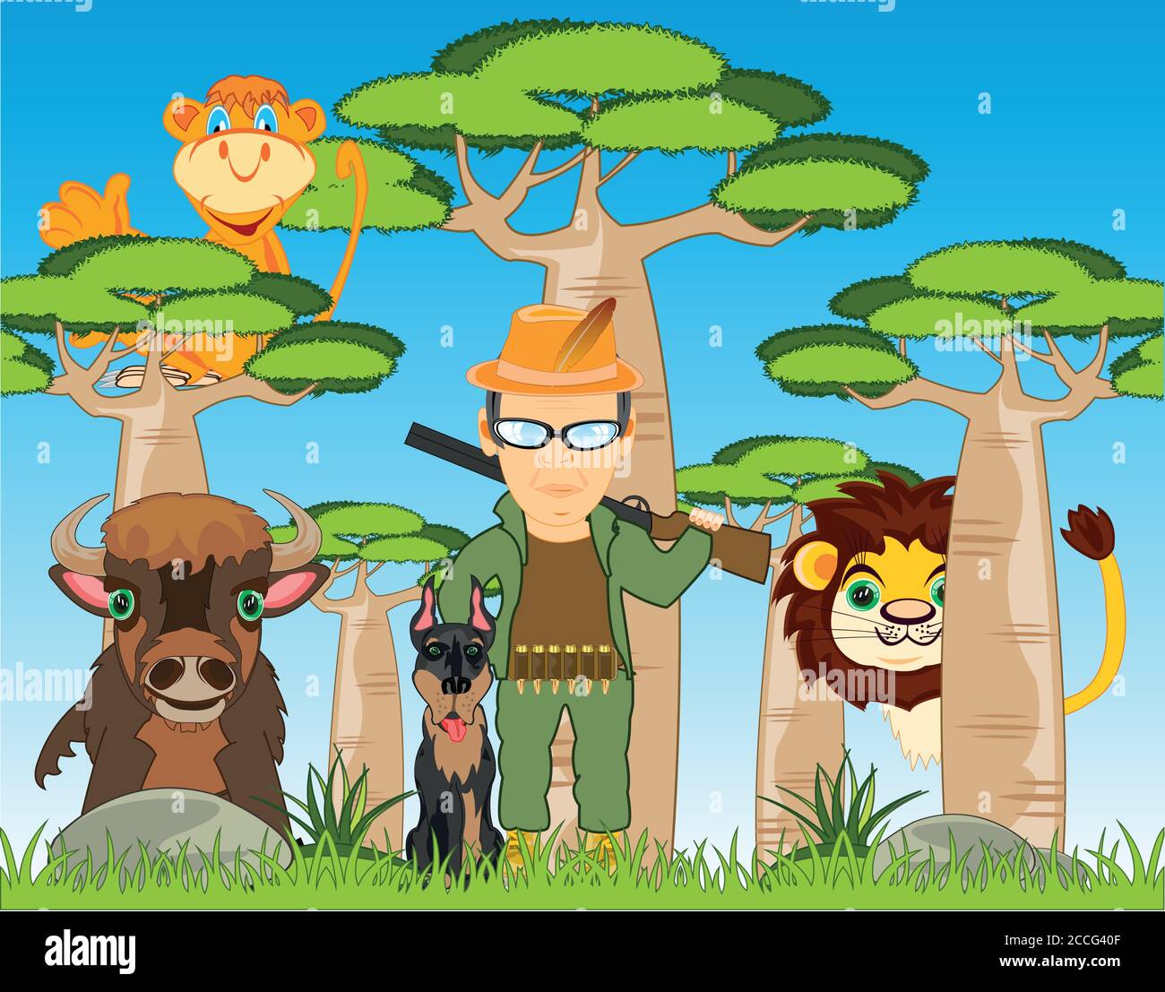 Huntsman avec chien et animaux sauvages en Afrique Illustration de Vecteur