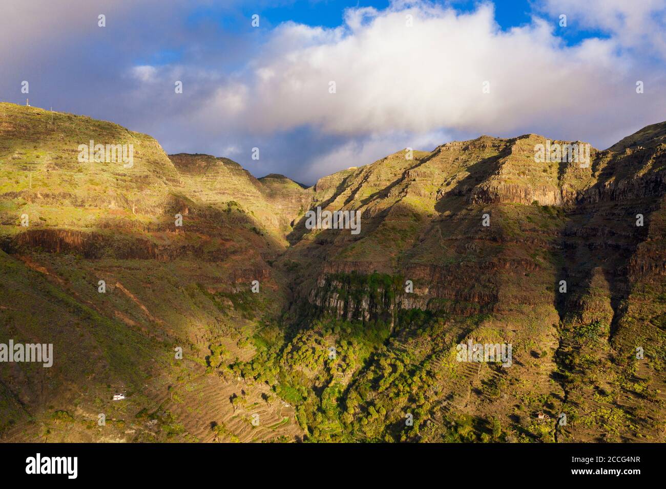 Vallée supérieure de Valle Gran Rey au soir, vue aérienne, la Gomera, îles Canaries, Espagne Banque D'Images