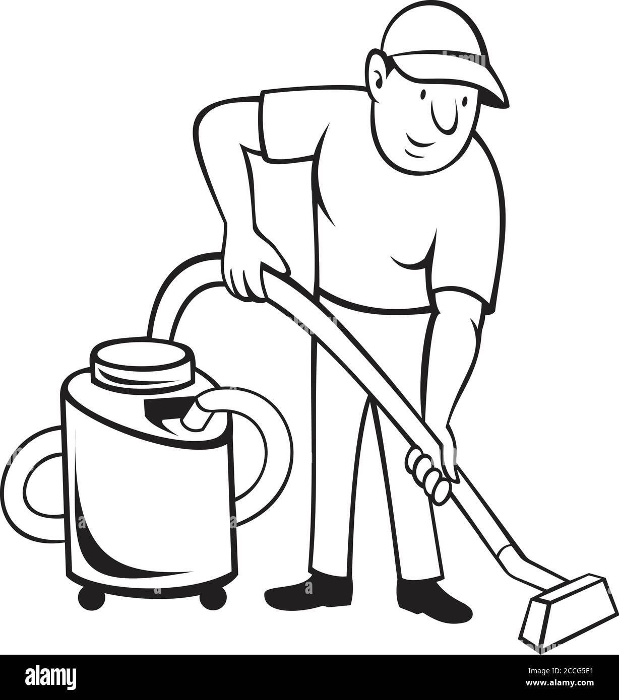 Illustration de style dessin animé d'un employé de nettoyage de tapis commercial passer l'aspirateur le sol avec aspirateur vu de l'avant sur isolé arrière-plan terminé Illustration de Vecteur
