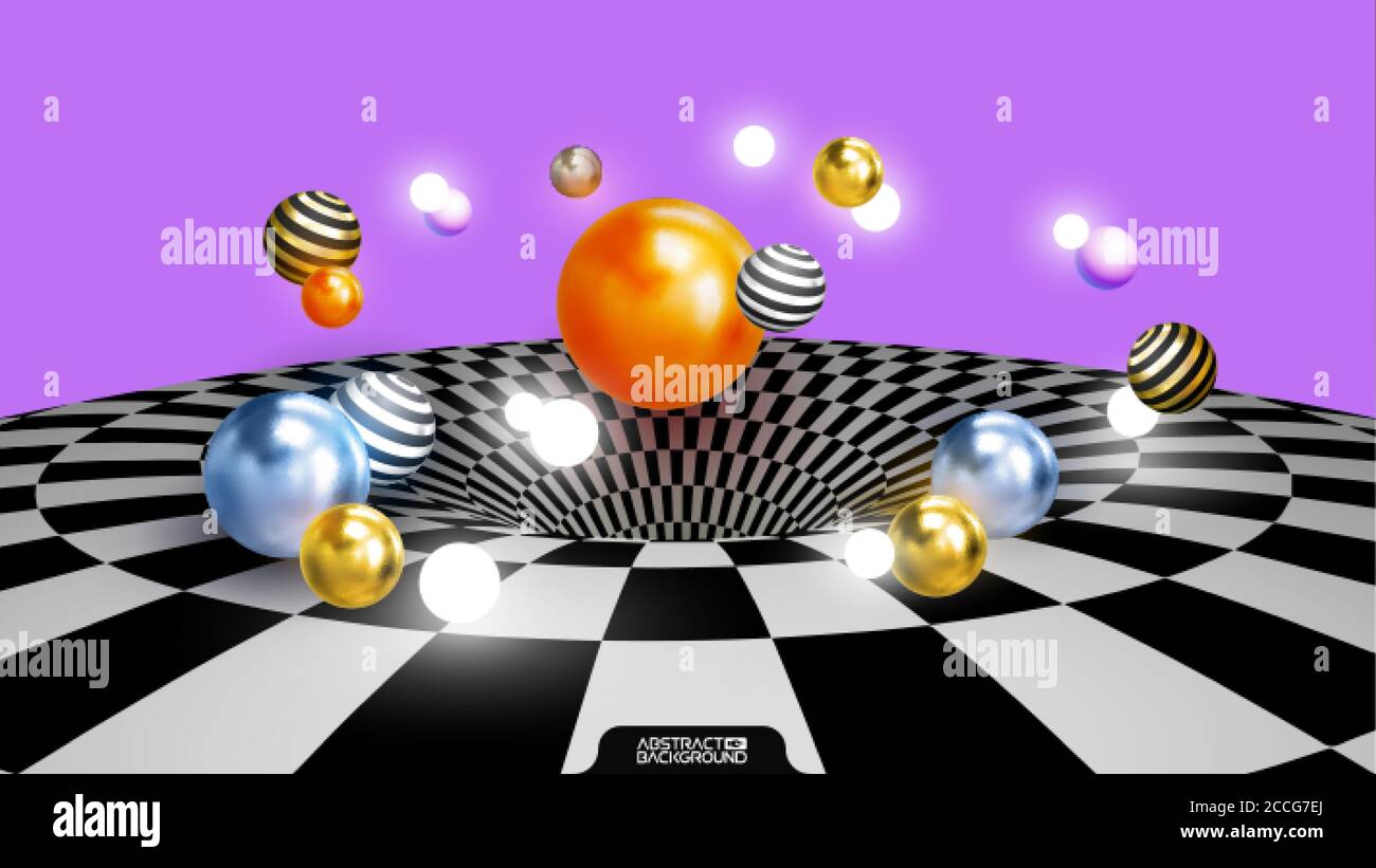 Boules décoratives de couleur. Illustration 3d vectorielle abstraite. Arrière-plan art abstrait avec boules sur la surface 3d de texture de damier. Orange brillant, or Illustration de Vecteur