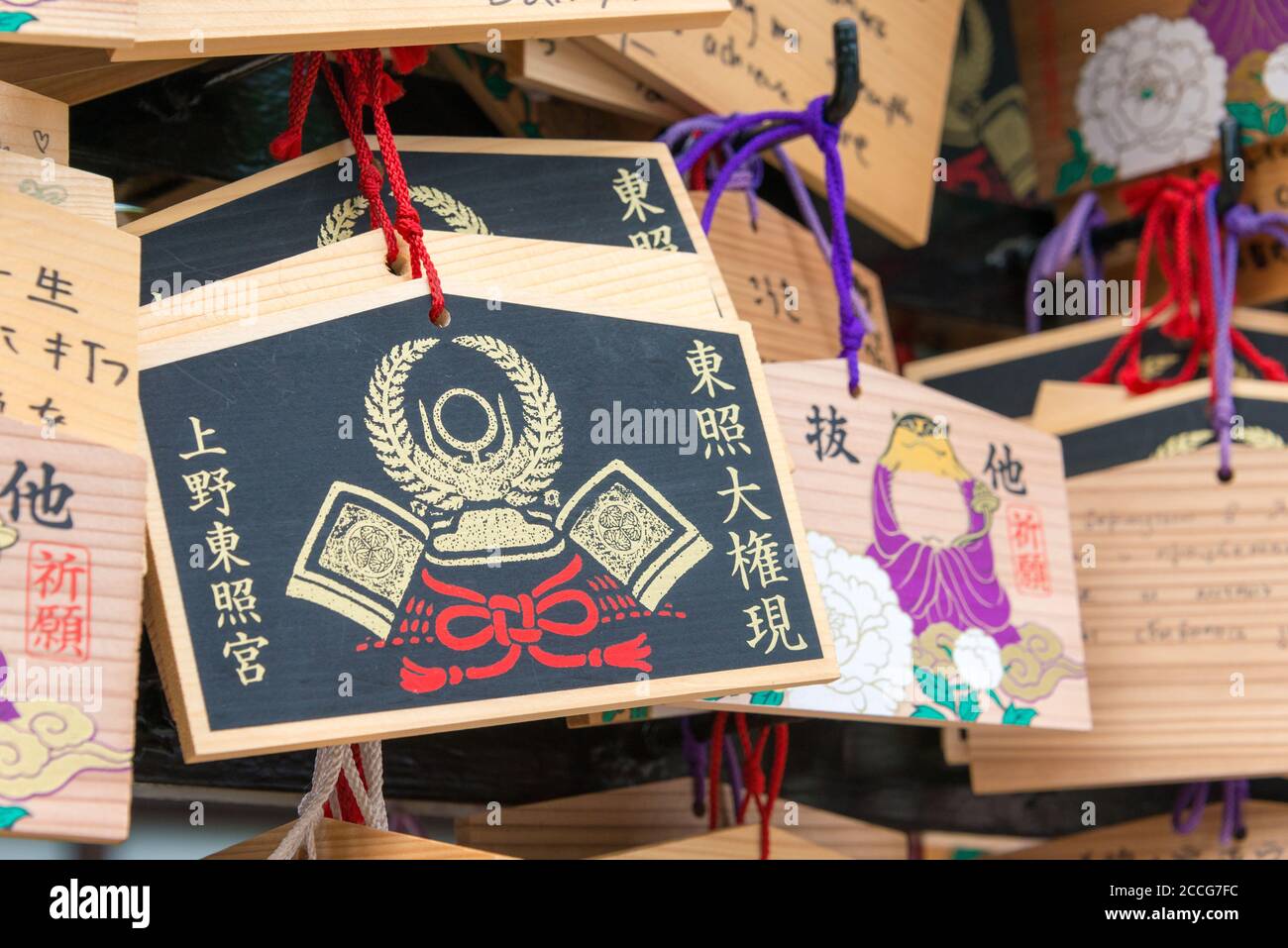 Tokyo, Japon - tablette de prière traditionnelle en bois (EMA) au sanctuaire Ueno Toshogu au parc Ueno à Tokyo, Japon. Banque D'Images